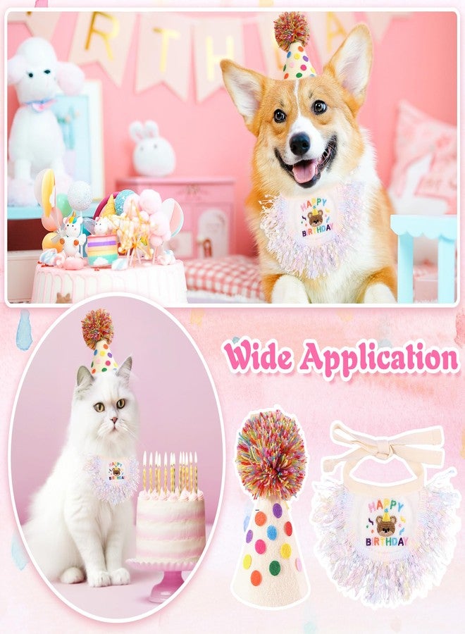 Kunyeah 2Pcs Pet Happy Birthday Hat Scarf Set Puppy Princess Costumes Cute Cat Bandana Outfit Dog Cone Hat wtih Pom-pom Colorful Lace Bib Collar Pet Birthday Decorations Party Supplies (Colorful) - Image 5
